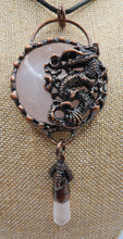 Load image into Gallery viewer, Large Rose Quartz Gemstone Pendant Set in Copper With Dragon Design - Hung On Wax Cotton Cord
