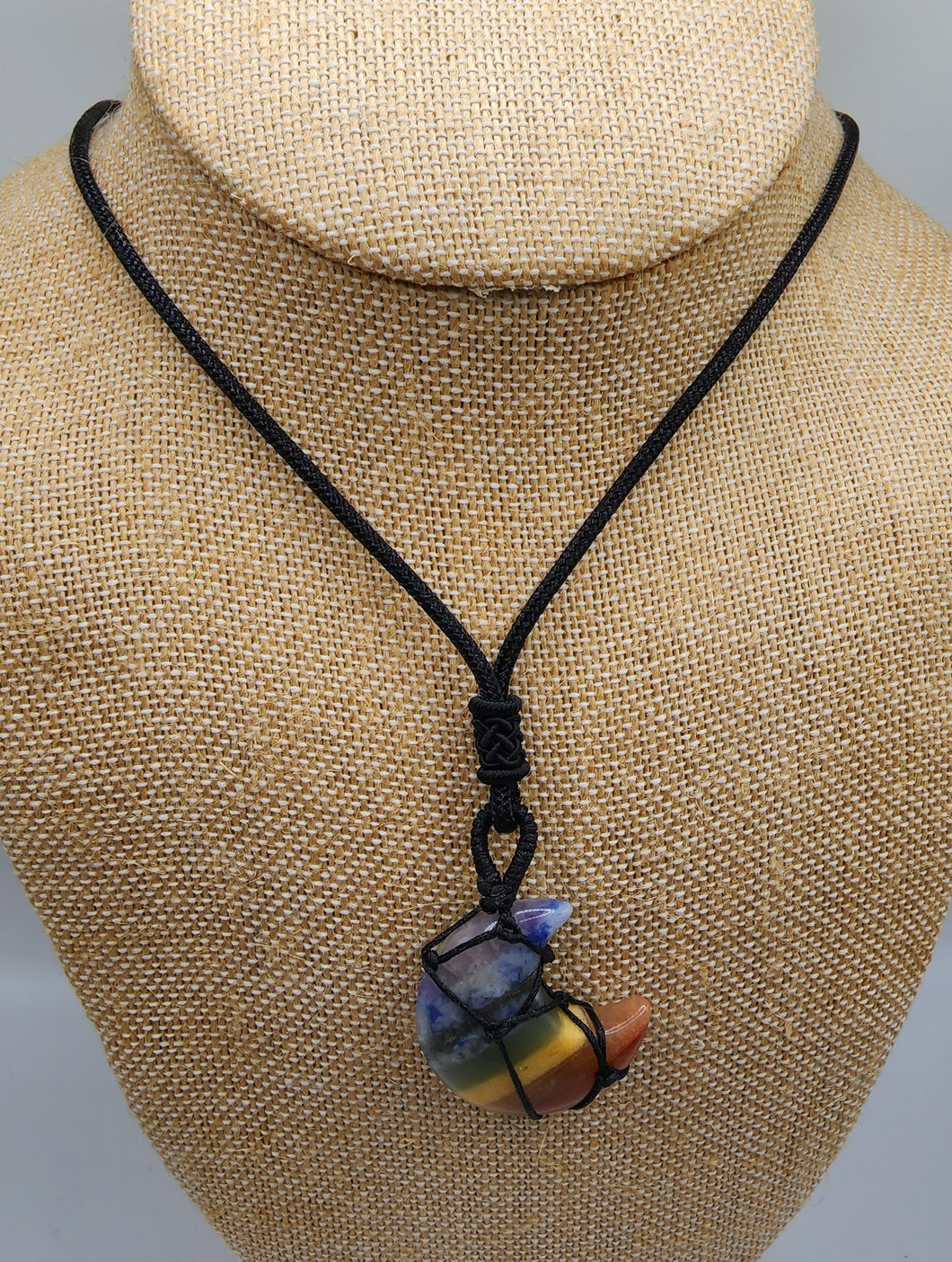 Wrapped Rainbow Chakra Moon Pendant Hung on Parachute Cord