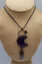 Load image into Gallery viewer, Amethyst / Amazonite Gemstone Necklace Set in Copper - Decorative Star and Moon Design Hung With Wax Cotton Cord
