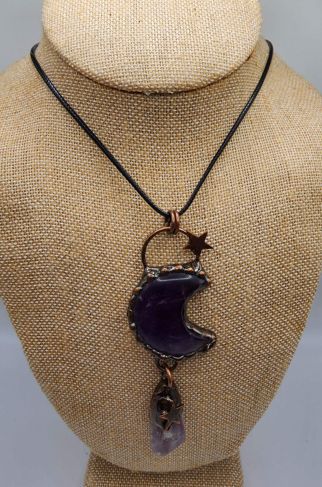 Amethyst / Amazonite Gemstone Necklace Set in Copper - Decorative Star and Moon Design Hung With Wax Cotton Cord