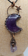 Load image into Gallery viewer, Amethyst / Amazonite Gemstone Necklace Set in Copper - Decorative Star and Moon Design Hung With Wax Cotton Cord
