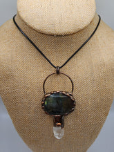 Load image into Gallery viewer, Labradorite and Clear Quartz Gemstone Pendant Set Copper - Hung on Wax Cotton Cord
