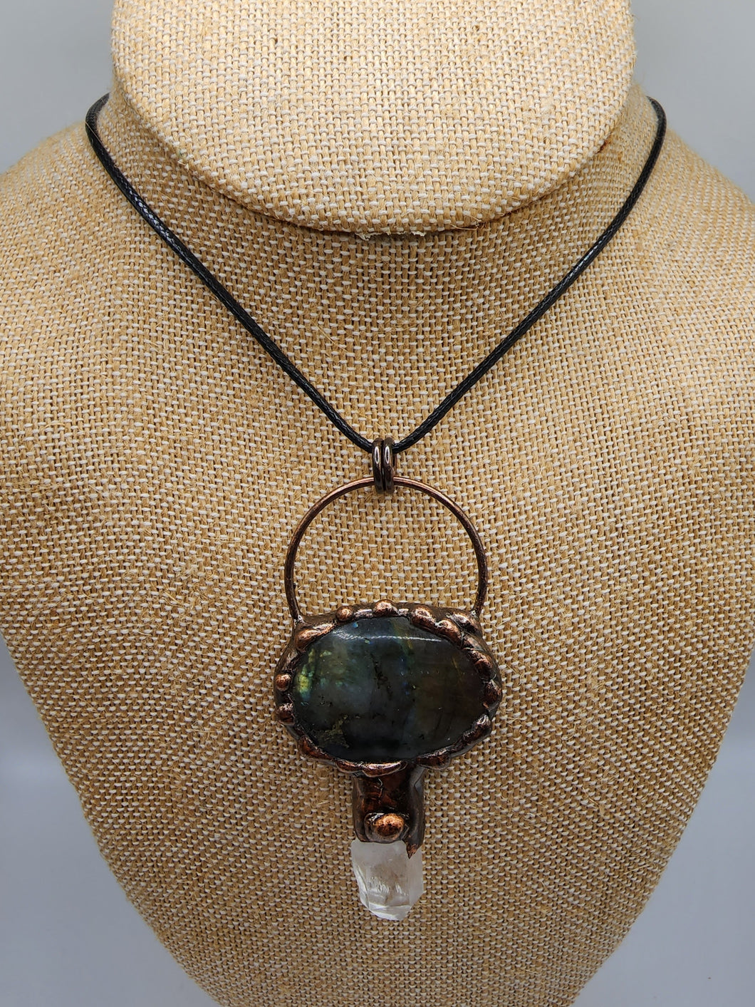 Labradorite and Clear Quartz Gemstone Pendant Set Copper - Hung on Wax Cotton Cord