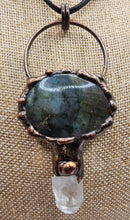 Load image into Gallery viewer, Labradorite and Clear Quartz Gemstone Pendant Set Copper - Hung on Wax Cotton Cord
