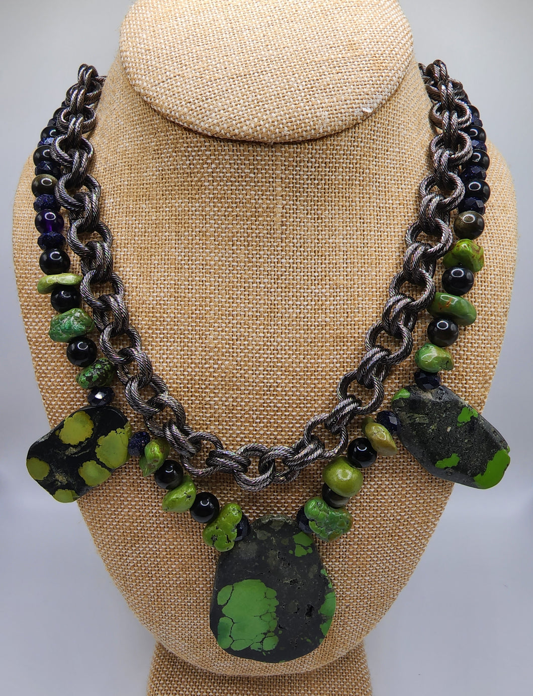 Turquoise Gemstone With Midnight Goldstone Onyx Gemstone Beads With Gun Metal Chain