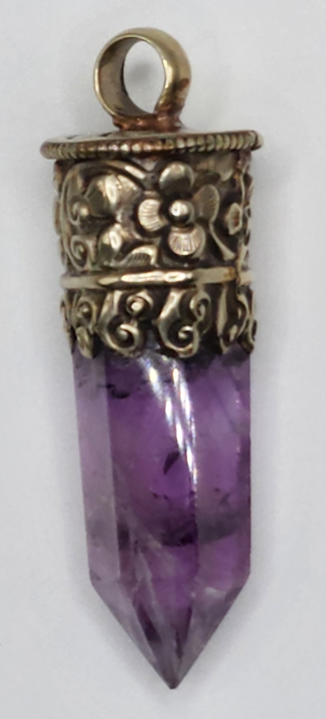 Amethyst Gemstone Point in Decorated Tibetan Bail in 925 Sterling Silver