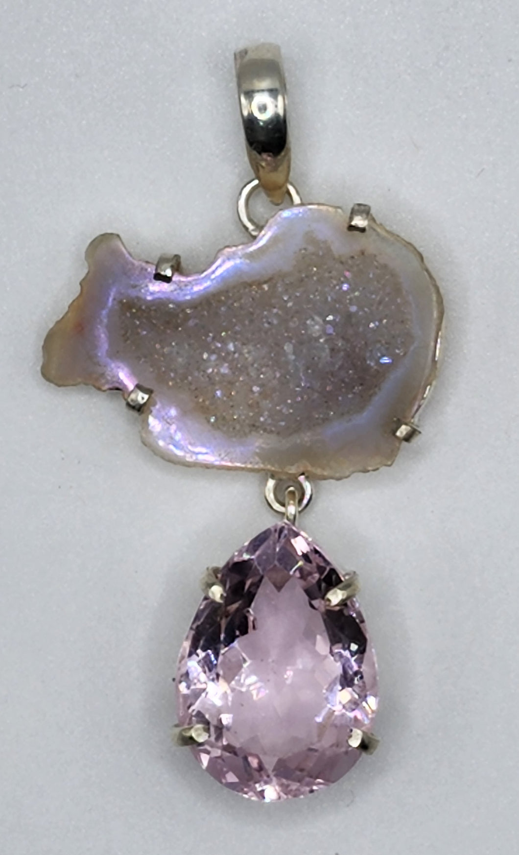 Freeform Shape Druzy With Pear Shaped Pink Quartz Gemstone in 925 Sterling Silver