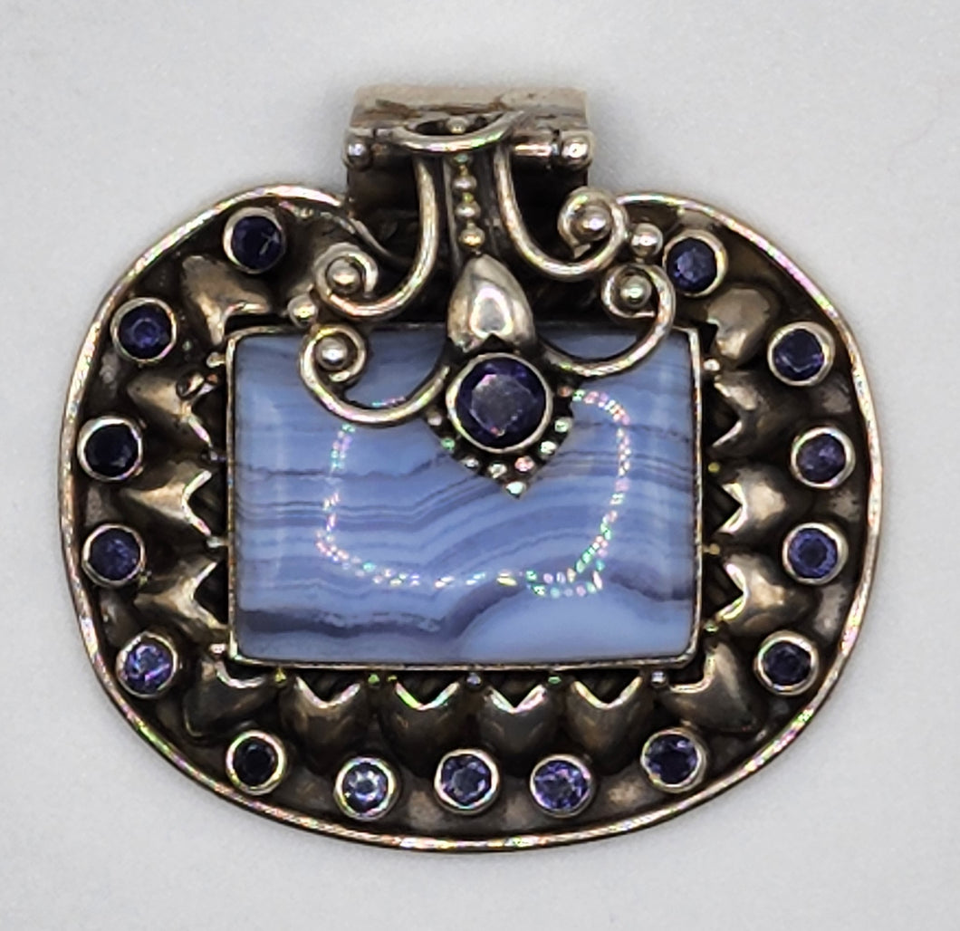 Blue Lace Agate Gemstone Pendant Surrounded By Loliet Gemstones Set in 925 Sterling Silver