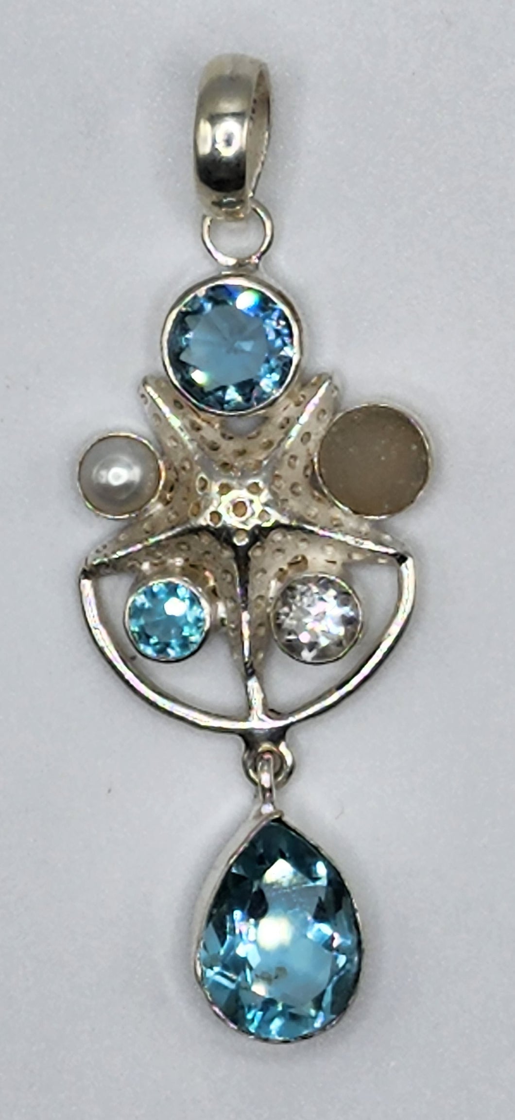 Blue Topaz Druzy Crystal Quartz and Pearl Gemstones With Silver Starfish Set in 925 Sterling Silver Pendant