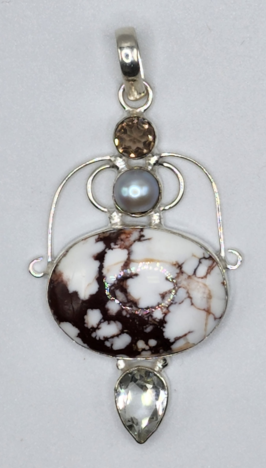 Wild Horse Magnesite Gemstone With Smokey Quartz Gemstone and Freshwater Pearl Pendant Set in 925 Sterling Silver