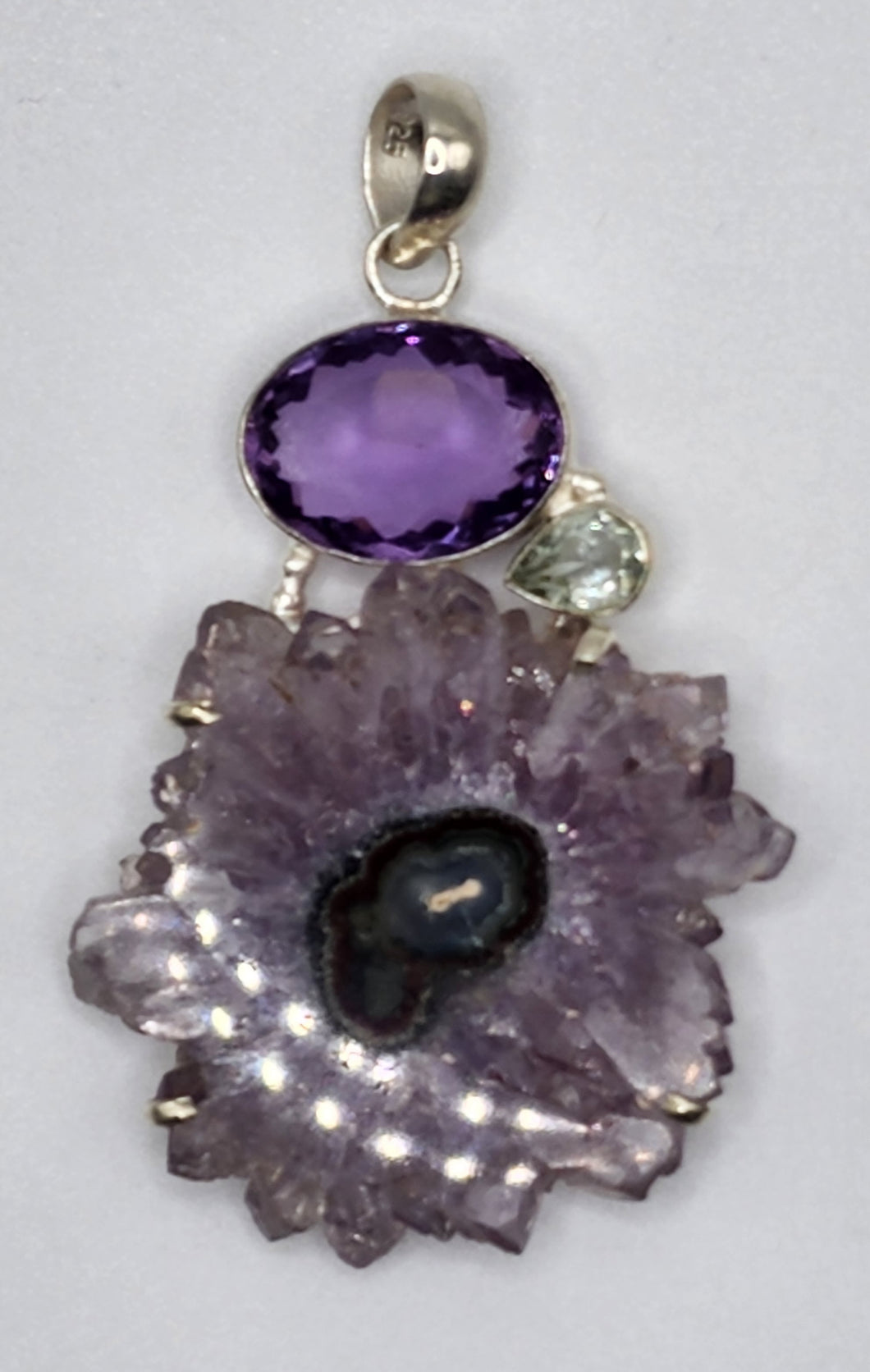 Oval Amethyst Gemstone With Amethyst Stalactite Slice and Green Amethyst Jewel Pendant Set in 925 Sterling Silver