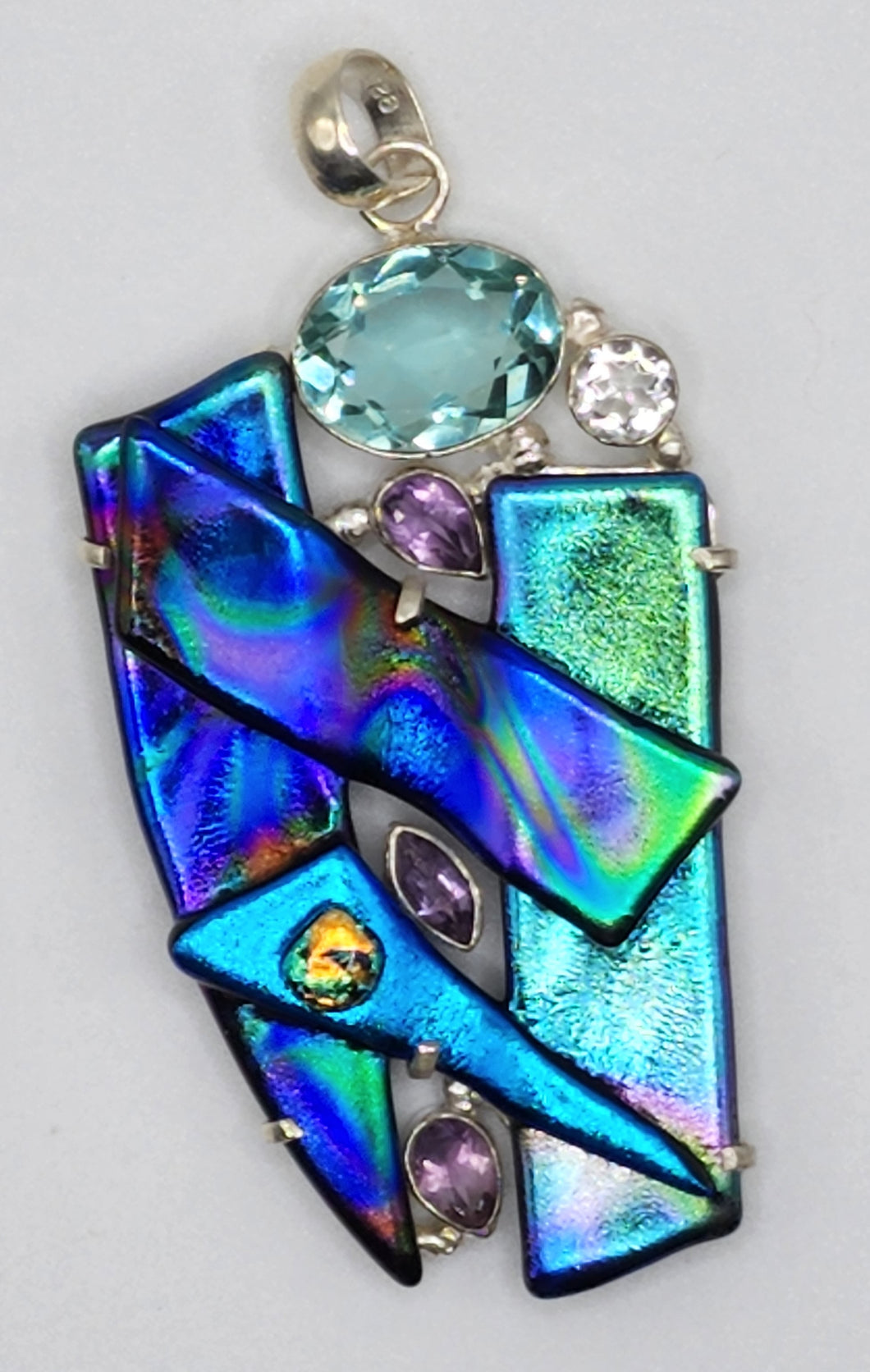 Dichroic Glass With Amethyst, Blue Topaz and Crystal Quartz Gemstone Jewels Set in 925 Sterling Silver Pendant
