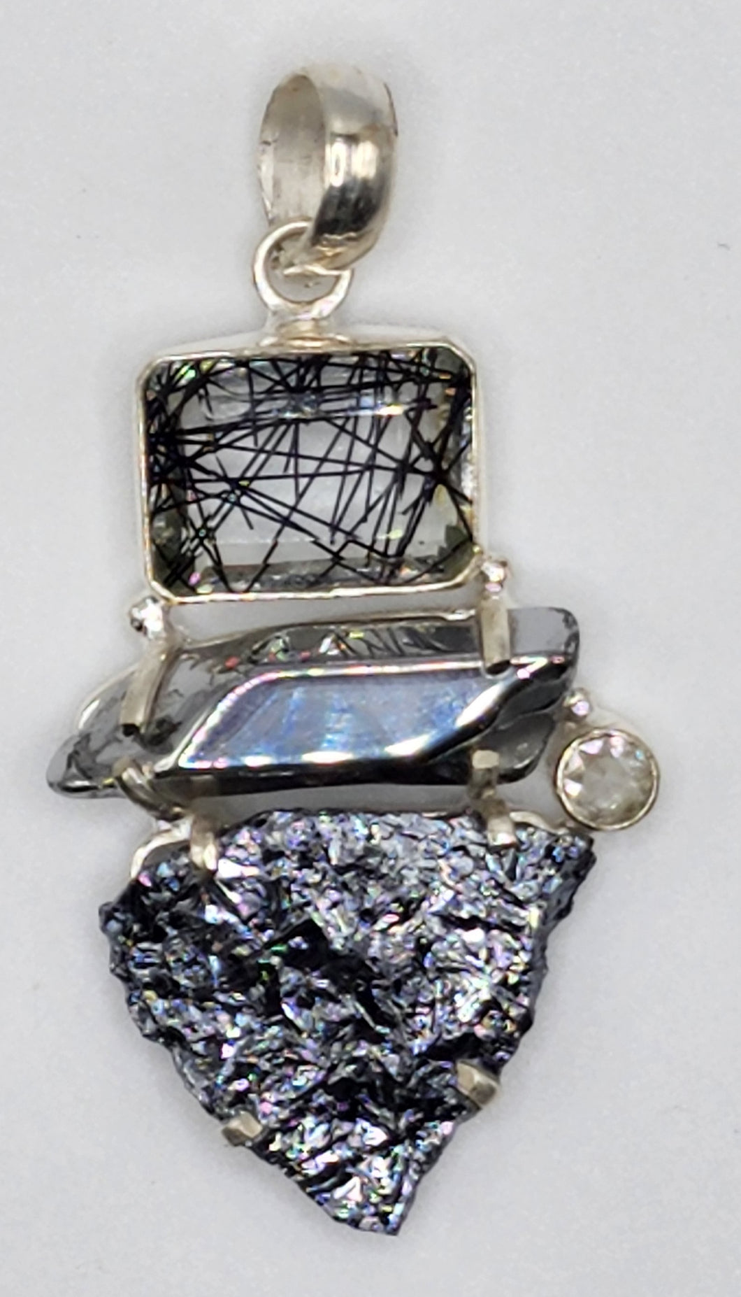Tourmaline Quartz, Aura Quartz, Crystal Quartz and Galena Gemstone Pendant Set in 925 Sterling Silver