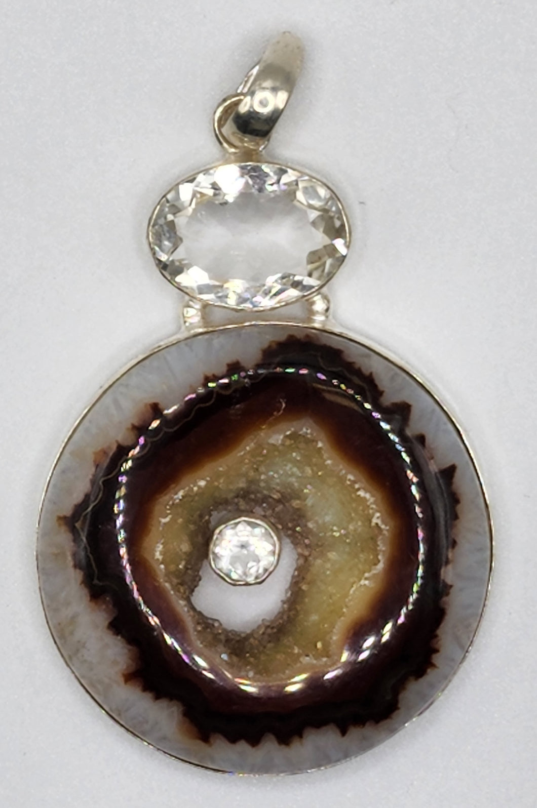 Crystal Quartz in Druzy Agate Gemstone Pendant - Set in 925 Sterling Silver