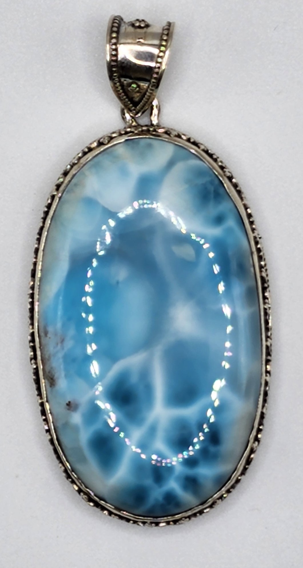 Dominican Larimar Gemstone in Bali Pendant - Set in 925 Sterling Silver