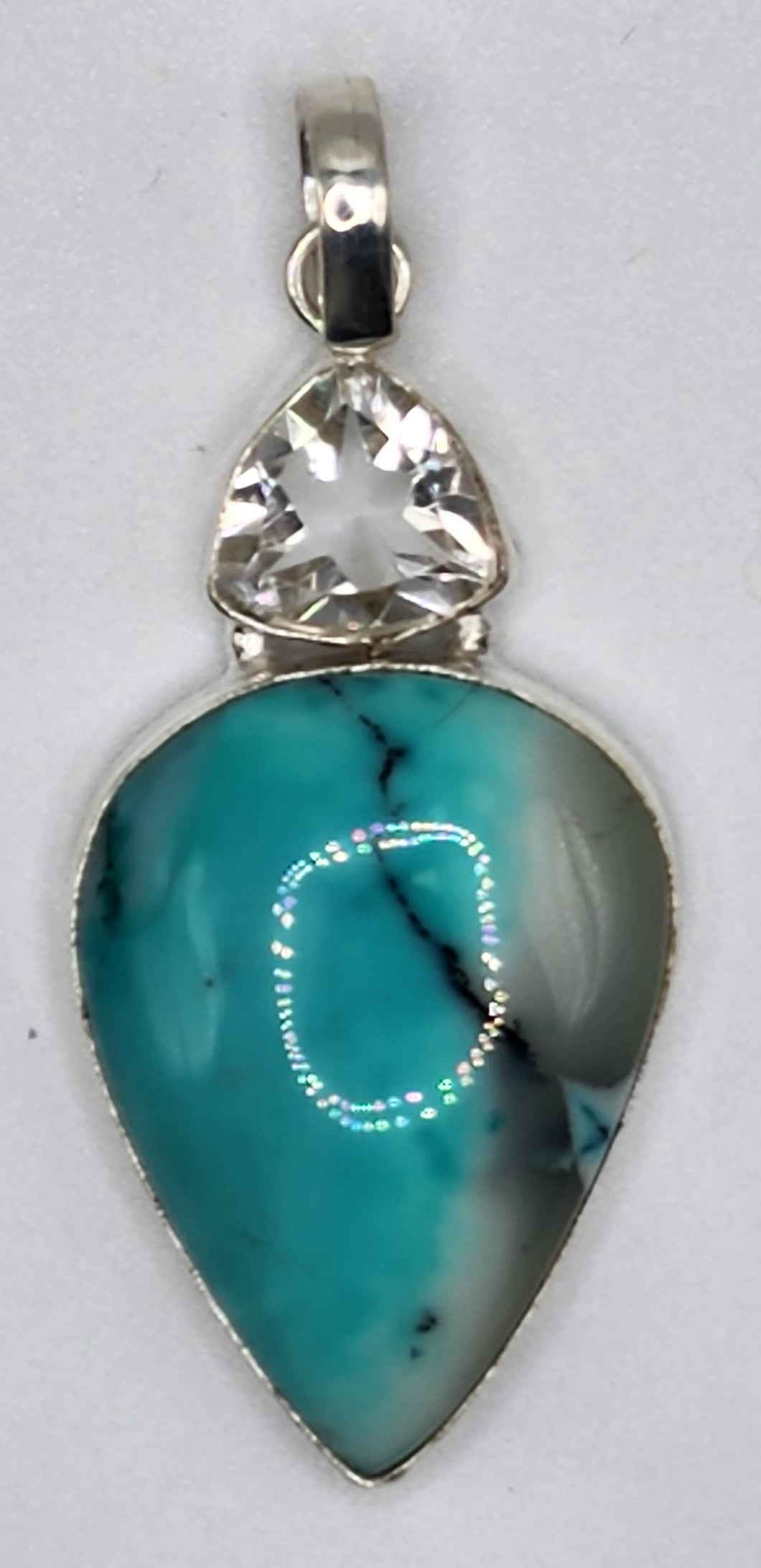 Pear Shaped Blue Peruvian Opal and Crystal Quartz Gemstone Pendant Set in 925 Sterling Silver
