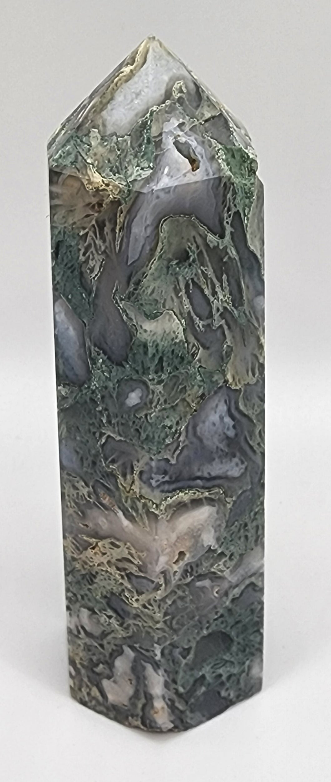 Moss Agate Gemstone Point With Druzy